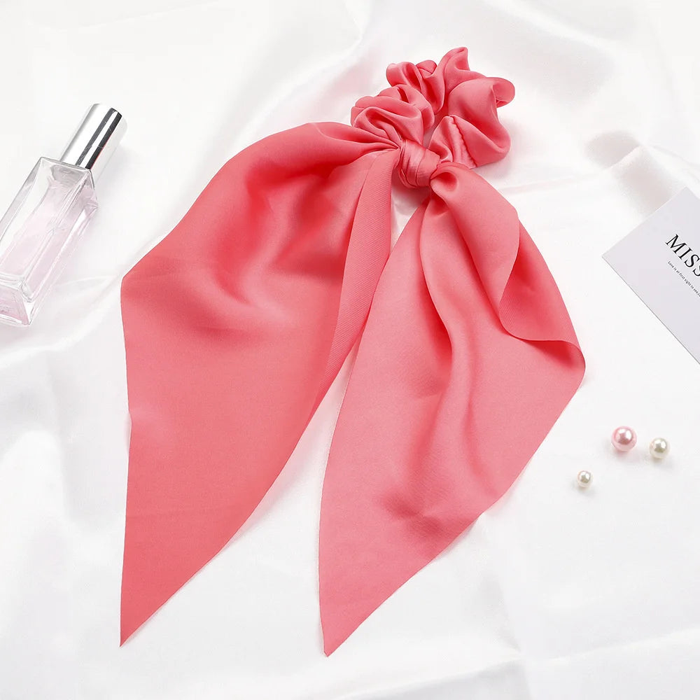 Fashion Solid Color Scrunchies – Long Hair Ties with Ponytail Scarf