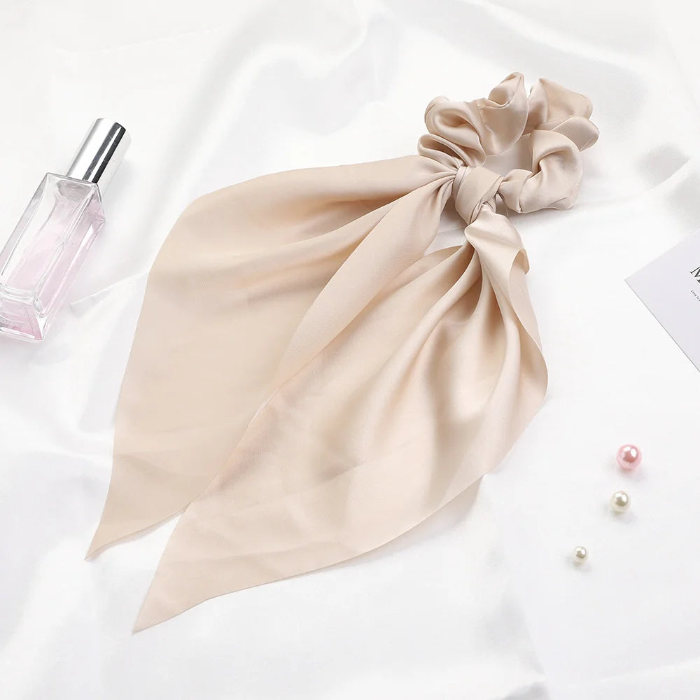 Fashion Solid Color Scrunchies – Long Hair Ties with Ponytail Scarf