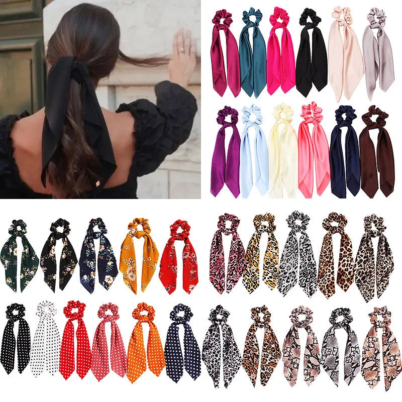 Fashion Solid Color Scrunchies – Long Hair Ties with Ponytail Scarf