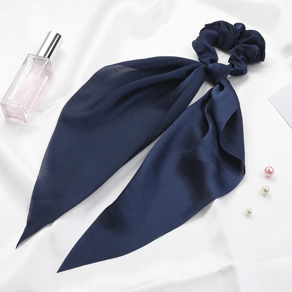 Fashion Solid Color Scrunchies – Long Hair Ties with Ponytail Scarf