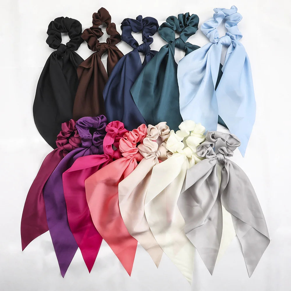Fashion Solid Color Scrunchies – Long Hair Ties with Ponytail Scarf