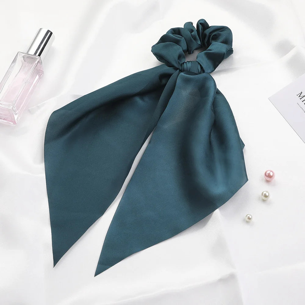 Fashion Solid Color Scrunchies – Long Hair Ties with Ponytail Scarf