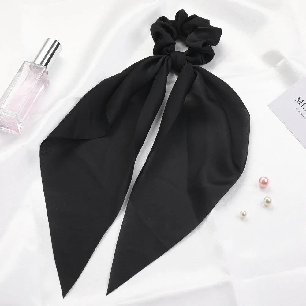 Fashion Solid Color Scrunchies – Long Hair Ties with Ponytail Scarf