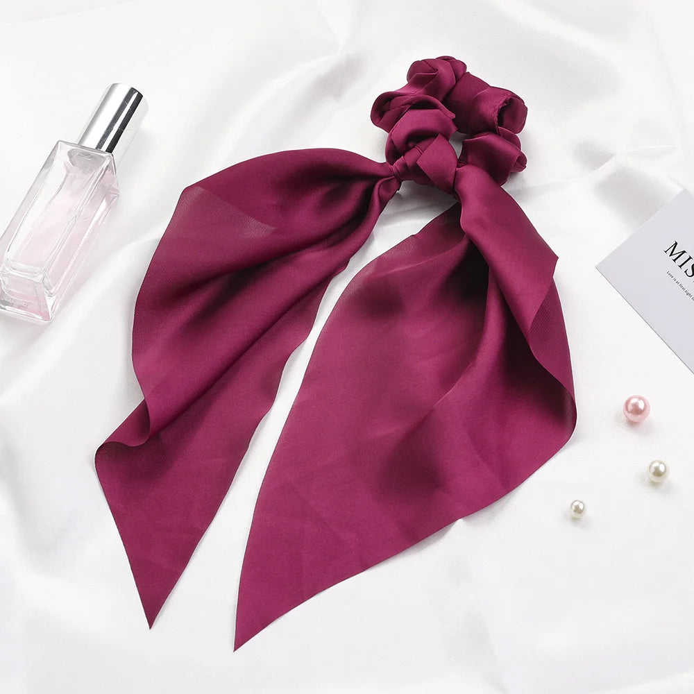 Fashion Solid Color Scrunchies – Long Hair Ties with Ponytail Scarf