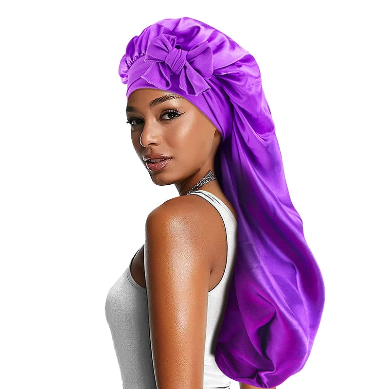 Women’s Long Oversized Elastic Satin Bonnet – Breathable Sleep Cap with Ribbon