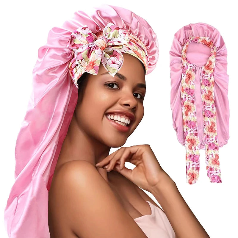 Women’s Long Oversized Elastic Satin Bonnet – Breathable Sleep Cap with Ribbon