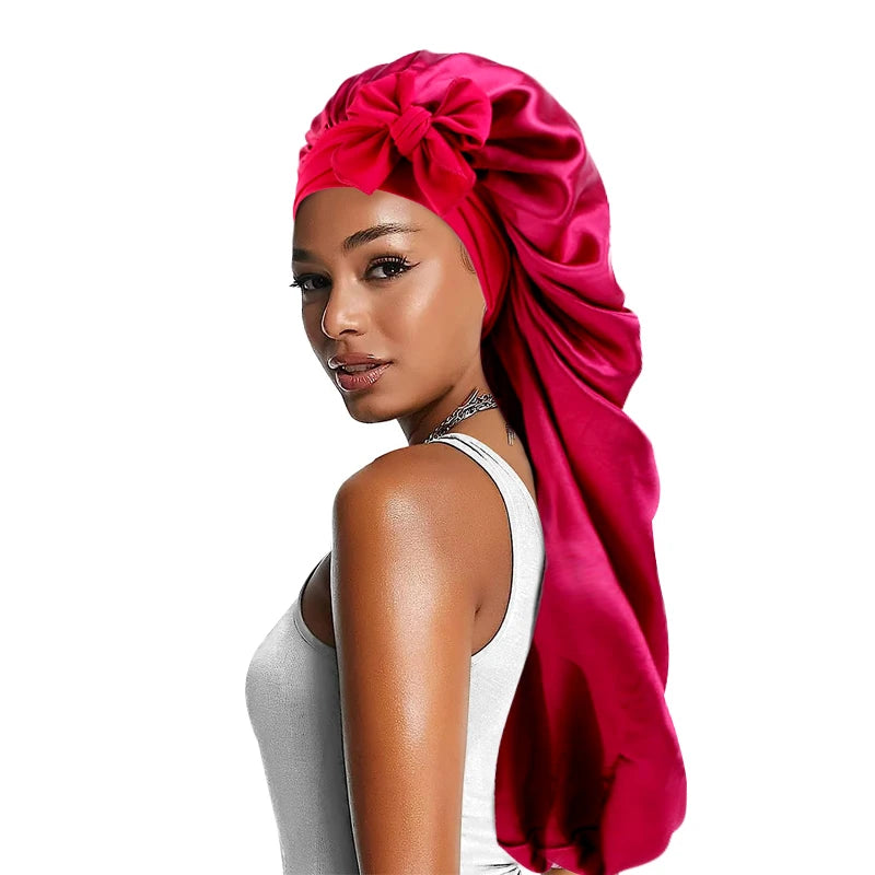 Women’s Long Oversized Elastic Satin Bonnet – Breathable Sleep Cap with Ribbon