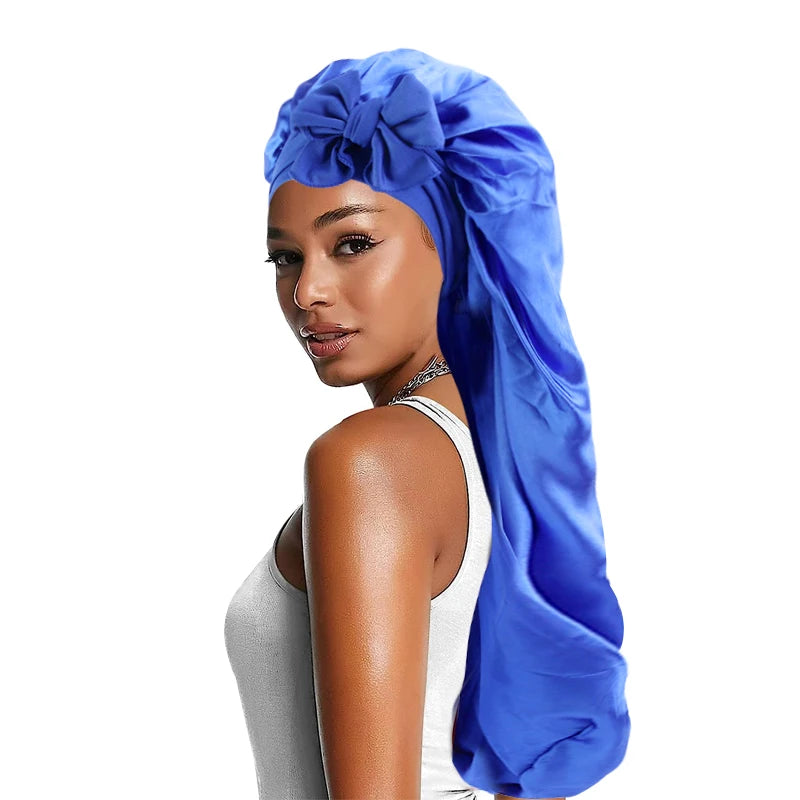 Women’s Long Oversized Elastic Satin Bonnet – Breathable Sleep Cap with Ribbon