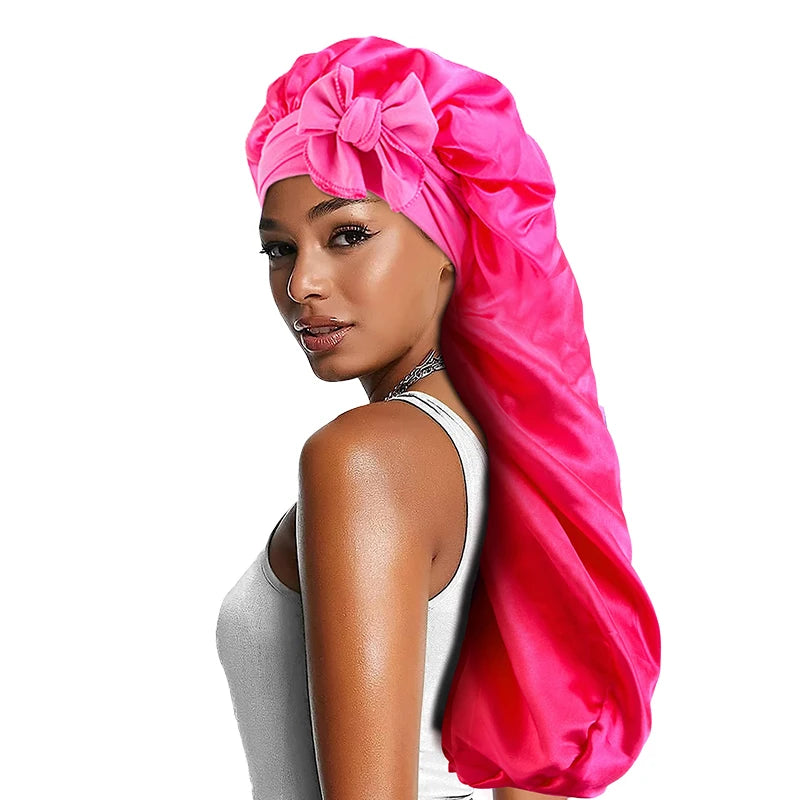 Women’s Long Oversized Elastic Satin Bonnet – Breathable Sleep Cap with Ribbon