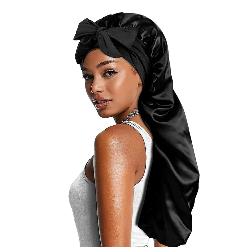 Women’s Long Oversized Elastic Satin Bonnet – Breathable Sleep Cap with Ribbon