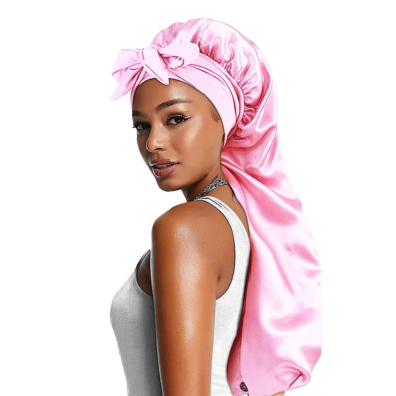 Women’s Long Oversized Elastic Satin Bonnet – Breathable Sleep Cap with Ribbon