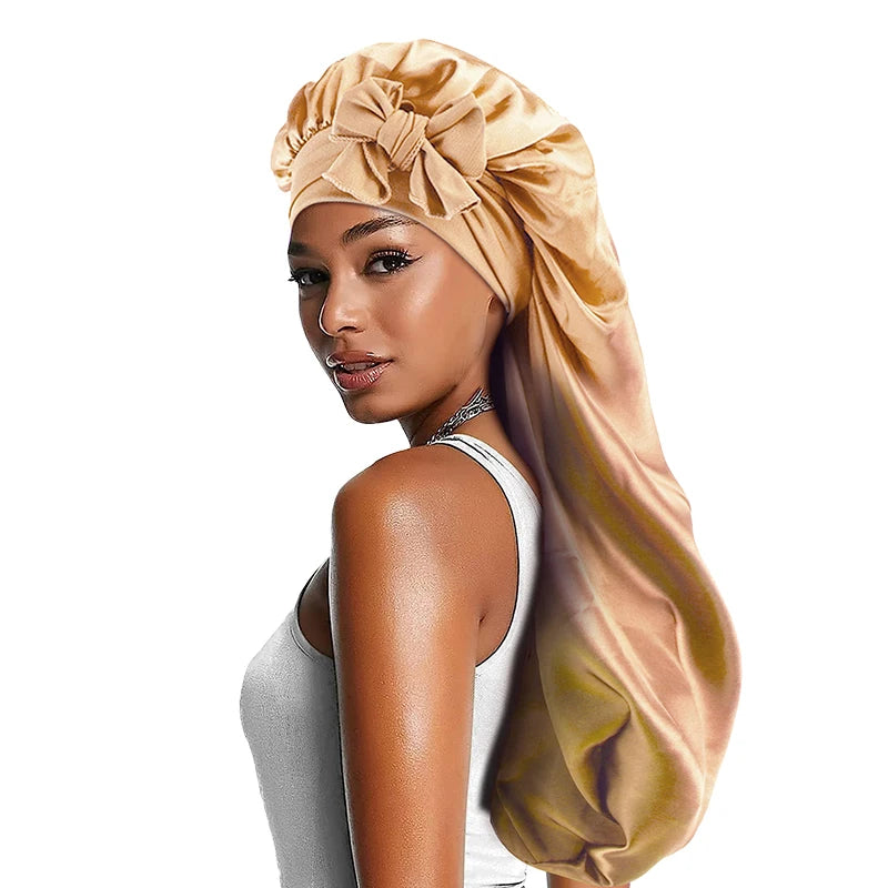 Women’s Long Oversized Elastic Satin Bonnet – Breathable Sleep Cap with Ribbon